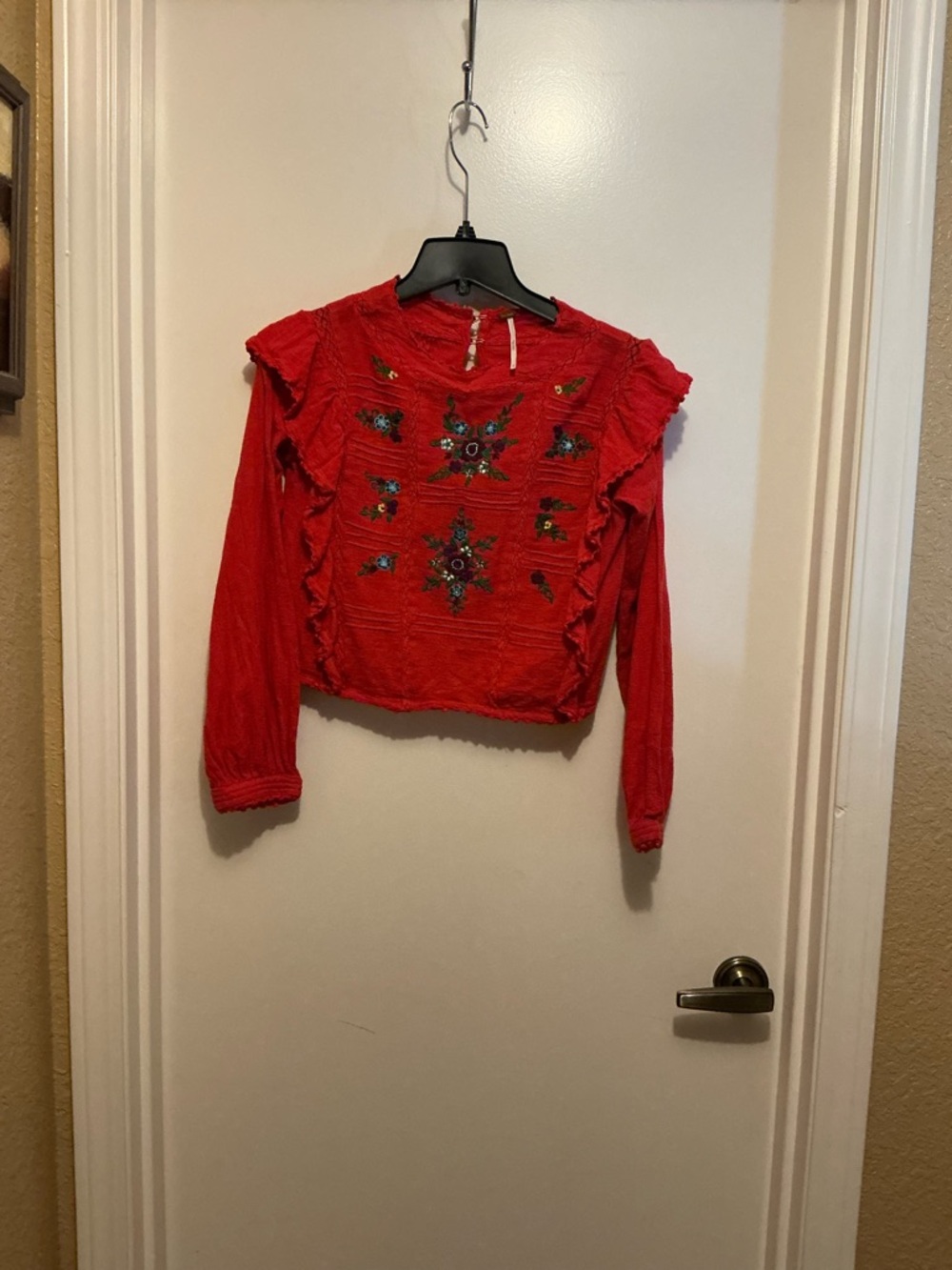 Embroidered Red Ruffle Long-Sleeve Top